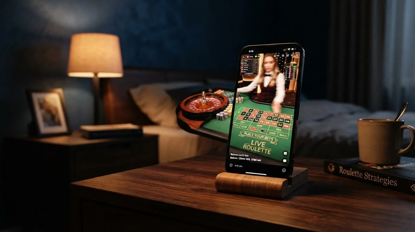 Tavolo di roulette dal vivo con croupier in streaming sullo schermo di un telefono Android tenuto in verticale