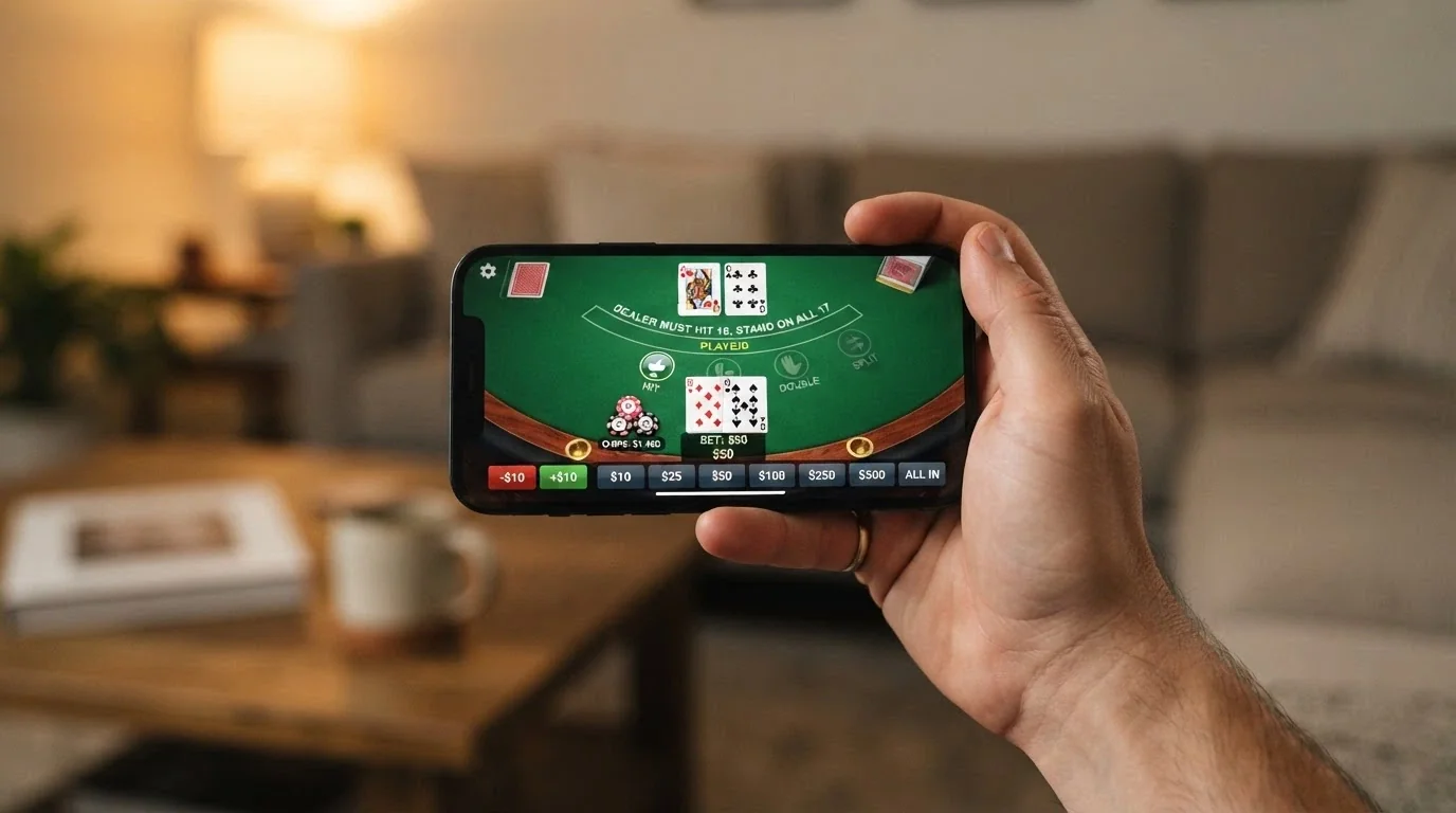 Una mano che tiene uno smartphone in orizzontale con un tavolo di blackjack live dealer sullo schermo, l'interfaccia touch per le puntate e le carte del croupier ben visibili