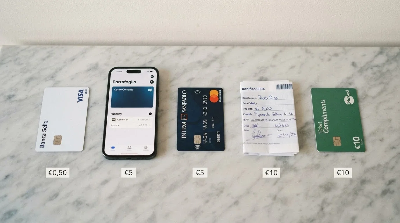 Una gamma di strumenti di pagamento — carta di credito, smartphone con wallet, bancomat, bonifico — disposti in fila con sotto l'importo minimo di ricarica