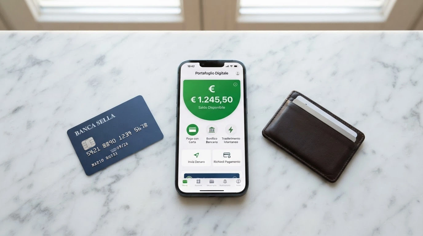 Schermata di un portafoglio digitale con icone PayPal, Skrill e Neteller accanto a carte di credito e una scheda Postepay