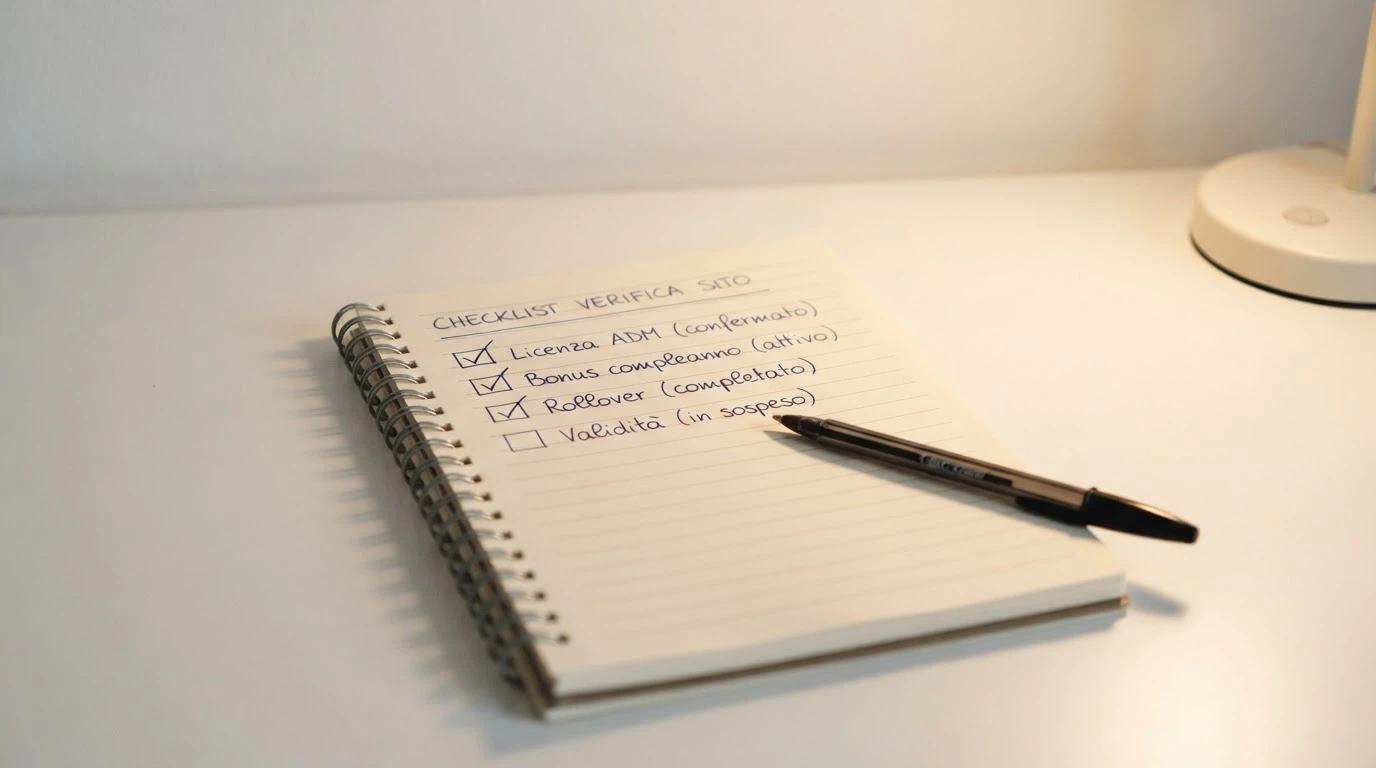 Un blocco note con una checklist di criteri (Licenza ADM, Bonus compleanno, Rollover, Validità) spuntati uno a uno con una penna