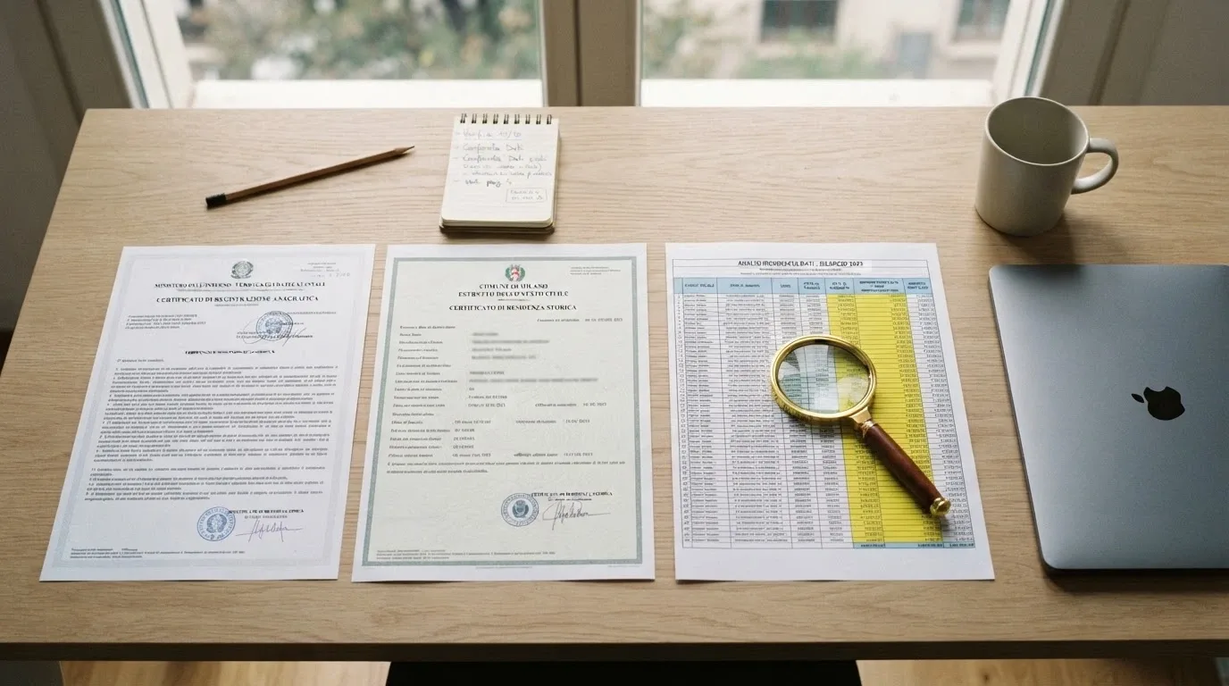 Una scrivania con documenti ufficiali (Gazzetta Ufficiale, bando ADM), un foglio di calcolo con criteri di valutazione e una lente posata sopra
