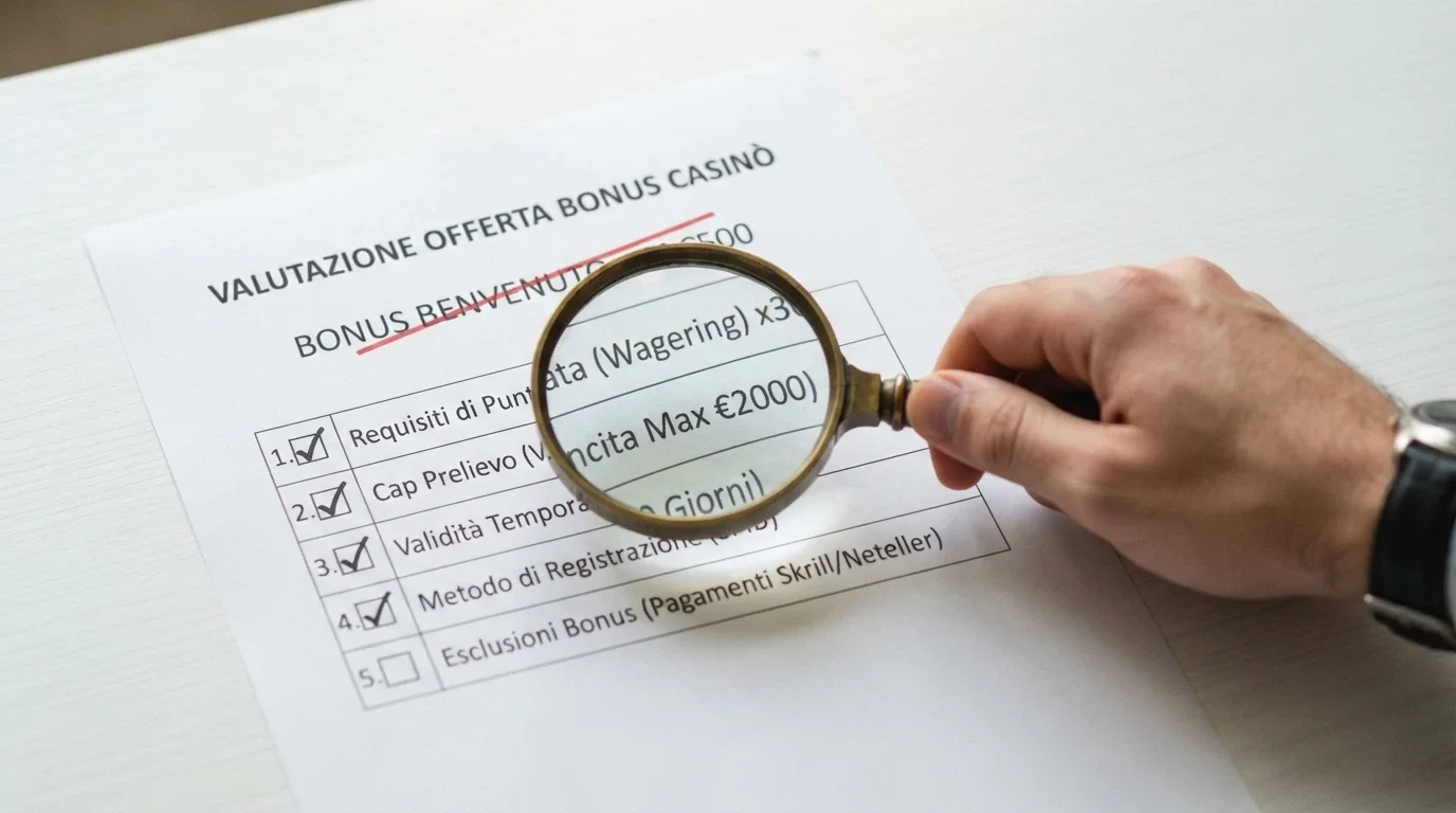 Una lente di ingrandimento su una lista di criteri: wagering, cap prelievo, validità, metodo di registrazione, con il valore nominale barrato.