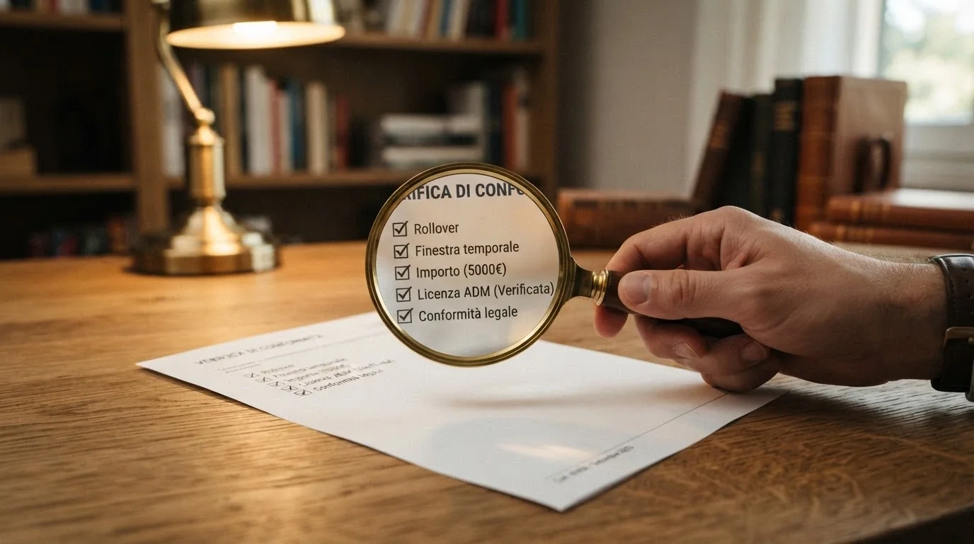 Una lente di ingrandimento su una lista di criteri di valutazione: rollover, finestra, importo, licenza