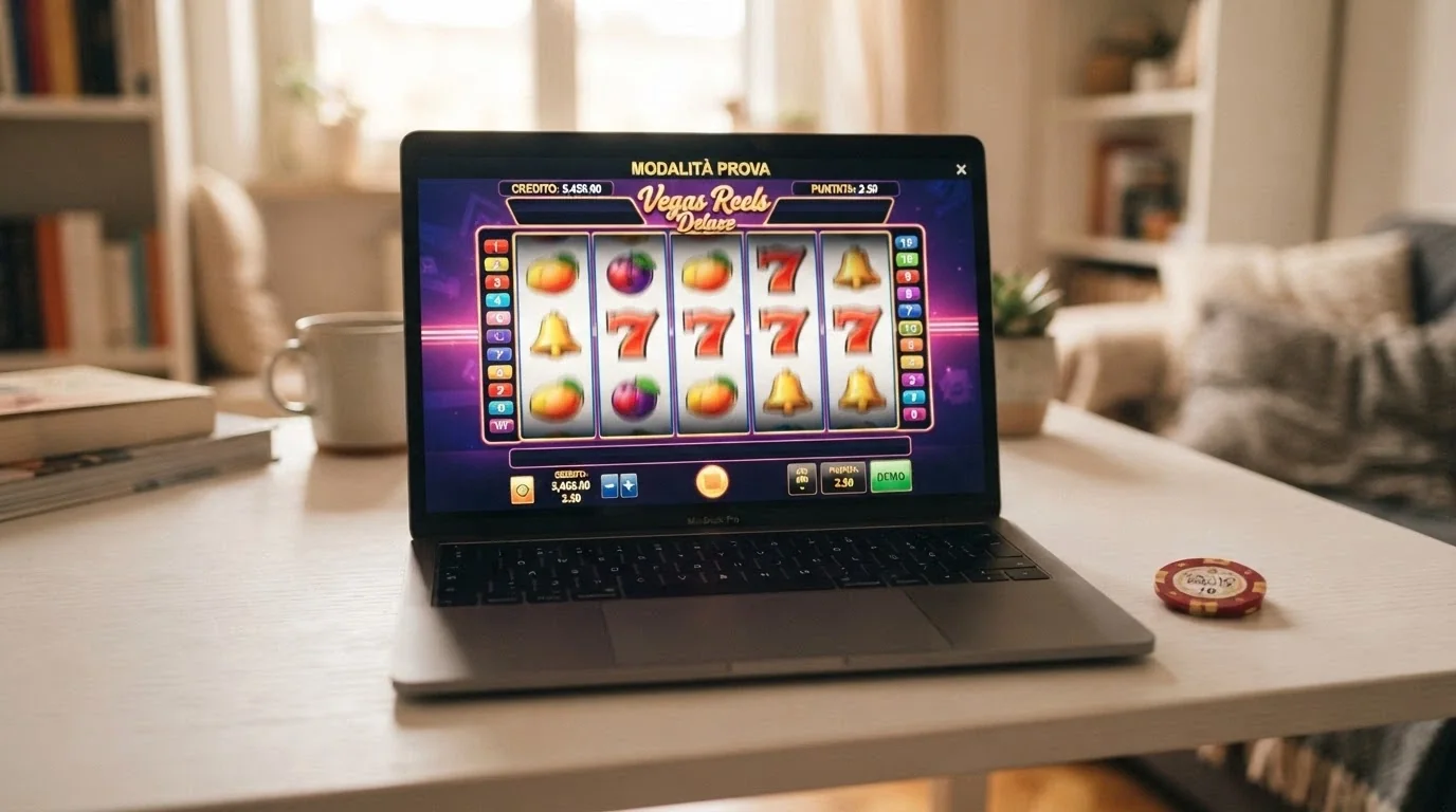 Una slot machine in modalità demo con il contatore dei crediti virtuali in alto e la scritta «modalità prova» visibile, senza alcun metodo di pagamento richiesto
