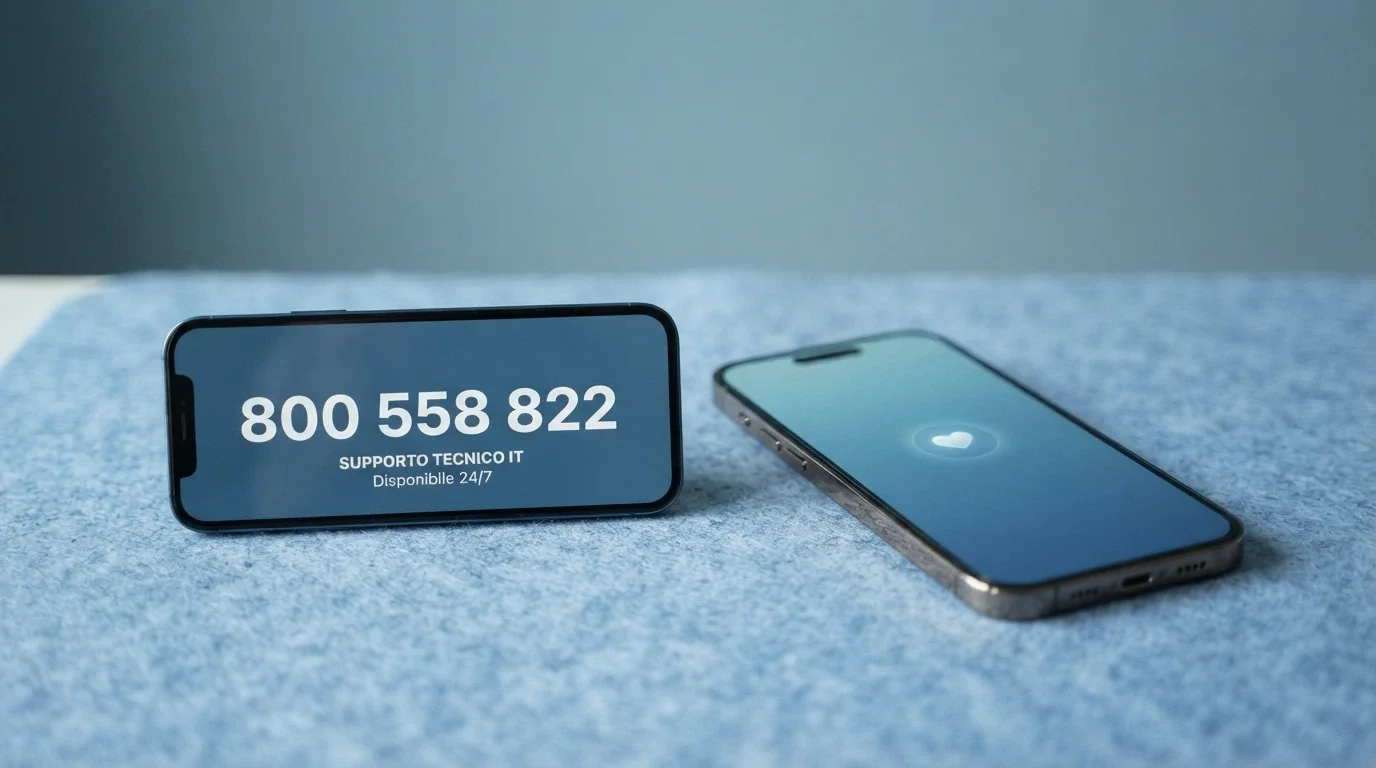 Telefono fisso e smartphone affiancati sullo schermo, con icone di supporto psicologico e i loghi ISS e ADM, su sfondo rassicurante blu