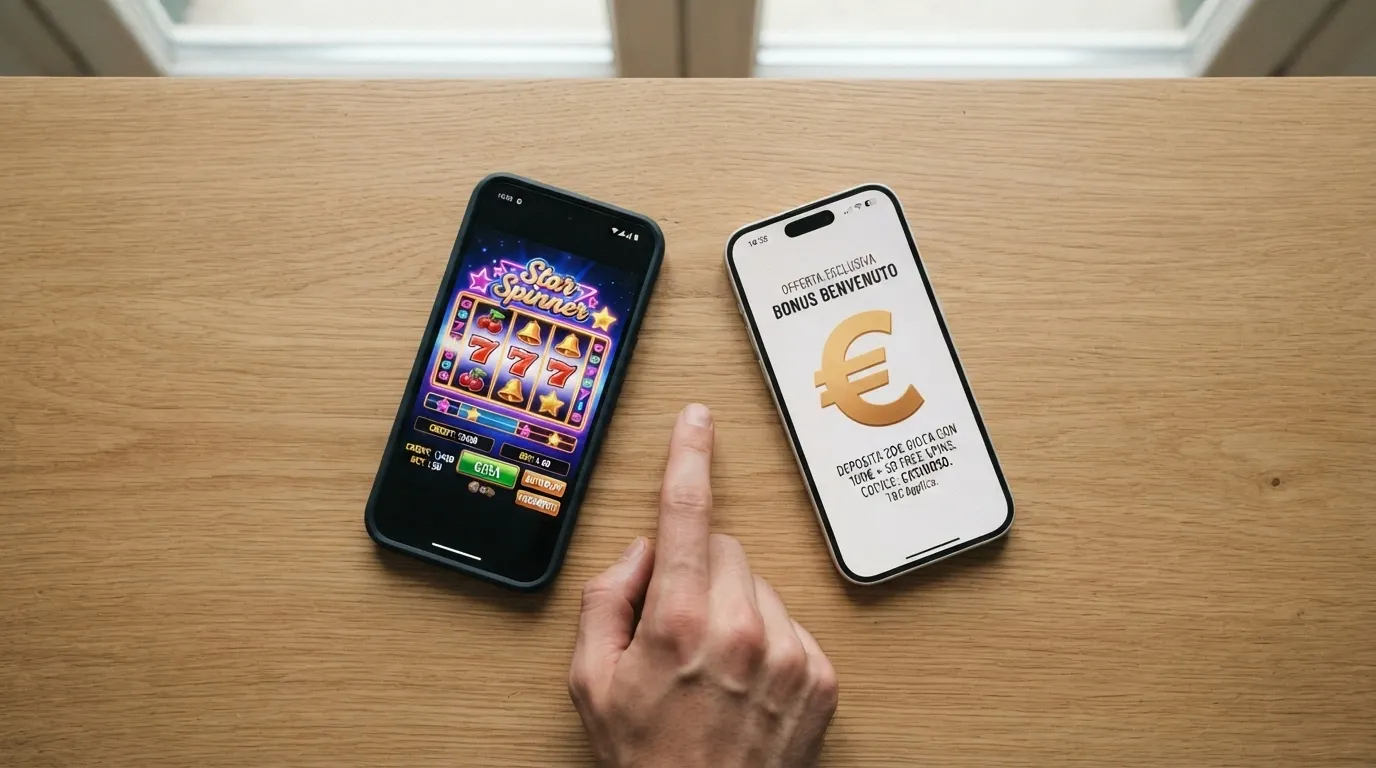 Due schermi di smartphone affiancati che mostrano offerte di bonus casino diverse, con un occhio che li confronta