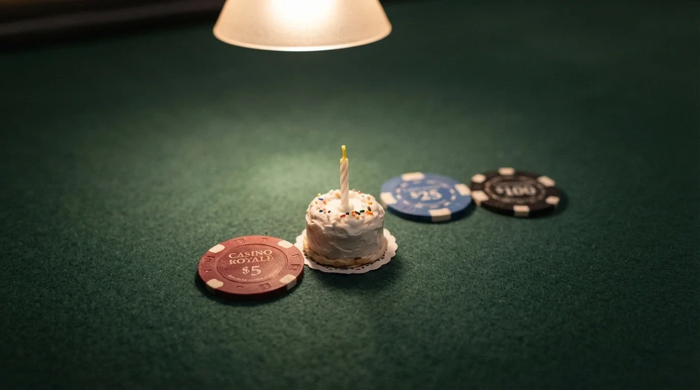 Una tabella comparativa stilizzata su uno schermo, con loghi di casinò e accanto una torta piena o vuota a indicare la presenza o assenza del bonus
