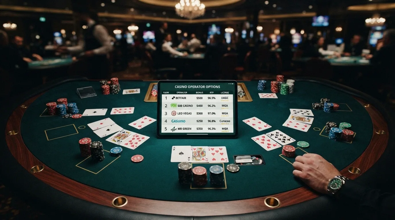 Una vista dall'alto di un tavolo da gioco con carte, fiches e un tablet che mostra una classifica di casinò