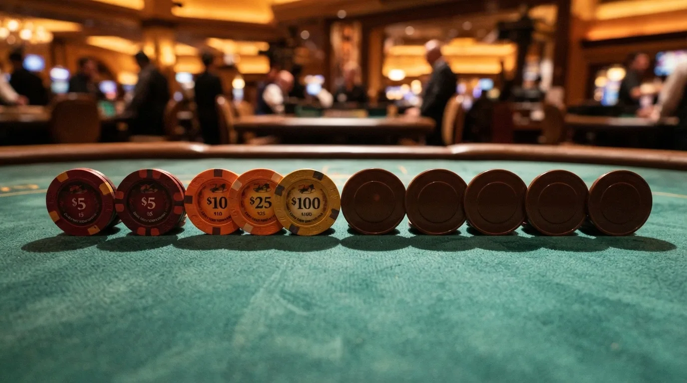 Dieci tessere da casinò allineate su un tavolo da gioco verde, cinque rivolte verso l'alto (dettagli visibili) e cinque coperte (solo il retro)