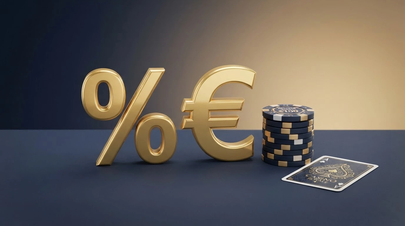 Una schermata promozionale di un casinò online che mostra un'offerta di benvenuto con percentuale e cifra massima