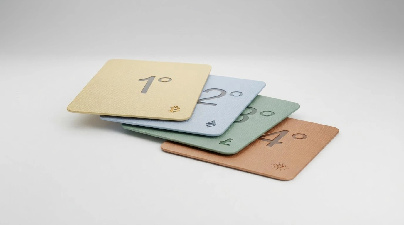 Quattro carte regalo digitali impilate, ciascuna con il simbolo di un deposito (1°, 2°, 3°, 4°) e una cifra in BTC