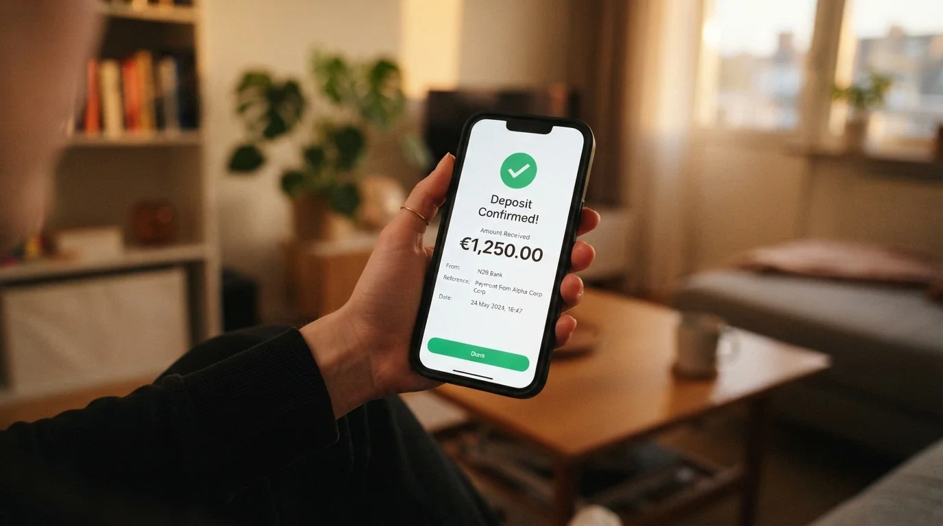 Uno smartphone che mostra l'autenticazione Face ID per un deposito Apple Pay su un casinò online, con il saldo aggiornato in tempo reale