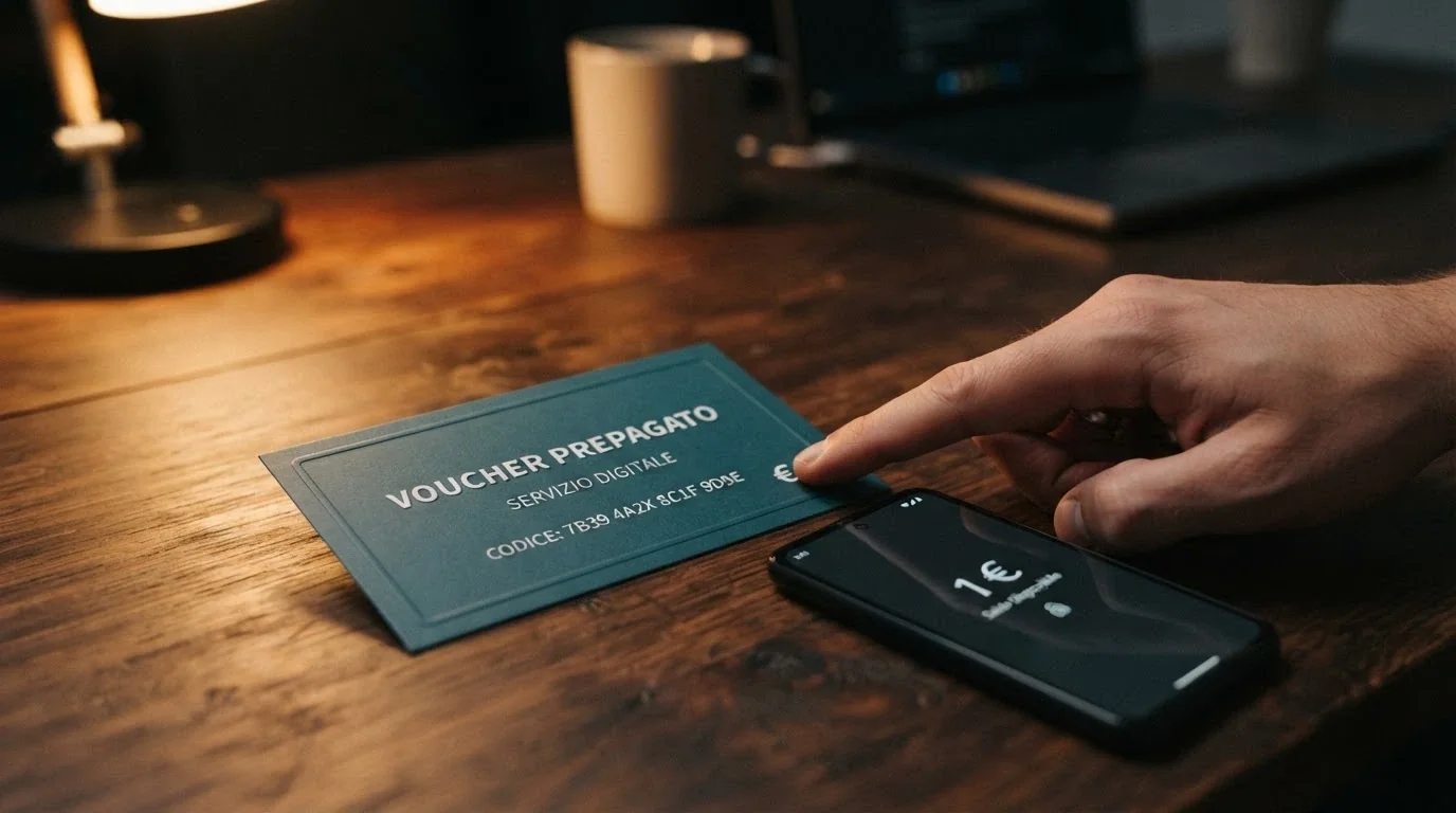 Una carta Paysafecard fisica posata accanto a un telefono che mostra il logo di un casinò online e la cifra «1 €»