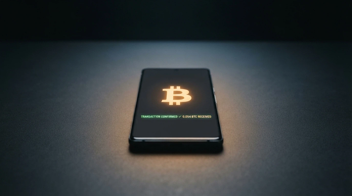 Un wallet digitale sullo schermo di uno smartphone, con una transazione in Bitcoin in corso, su sfondo scuro