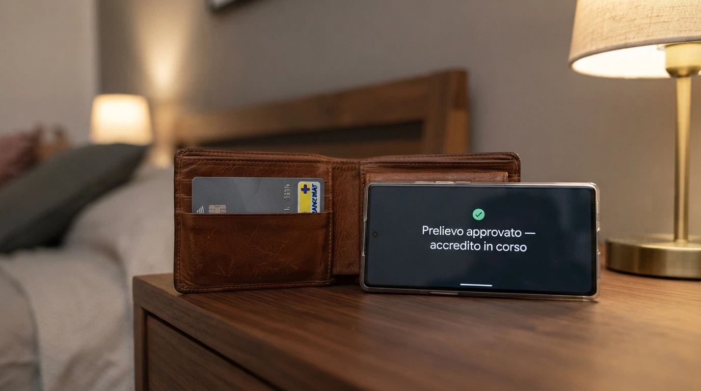 Un portafoglio aperto da cui esce una carta bancomat, accanto a uno smartphone con la schermata «Prelievo approvato — accredito in corso», su sfondo domestico serale