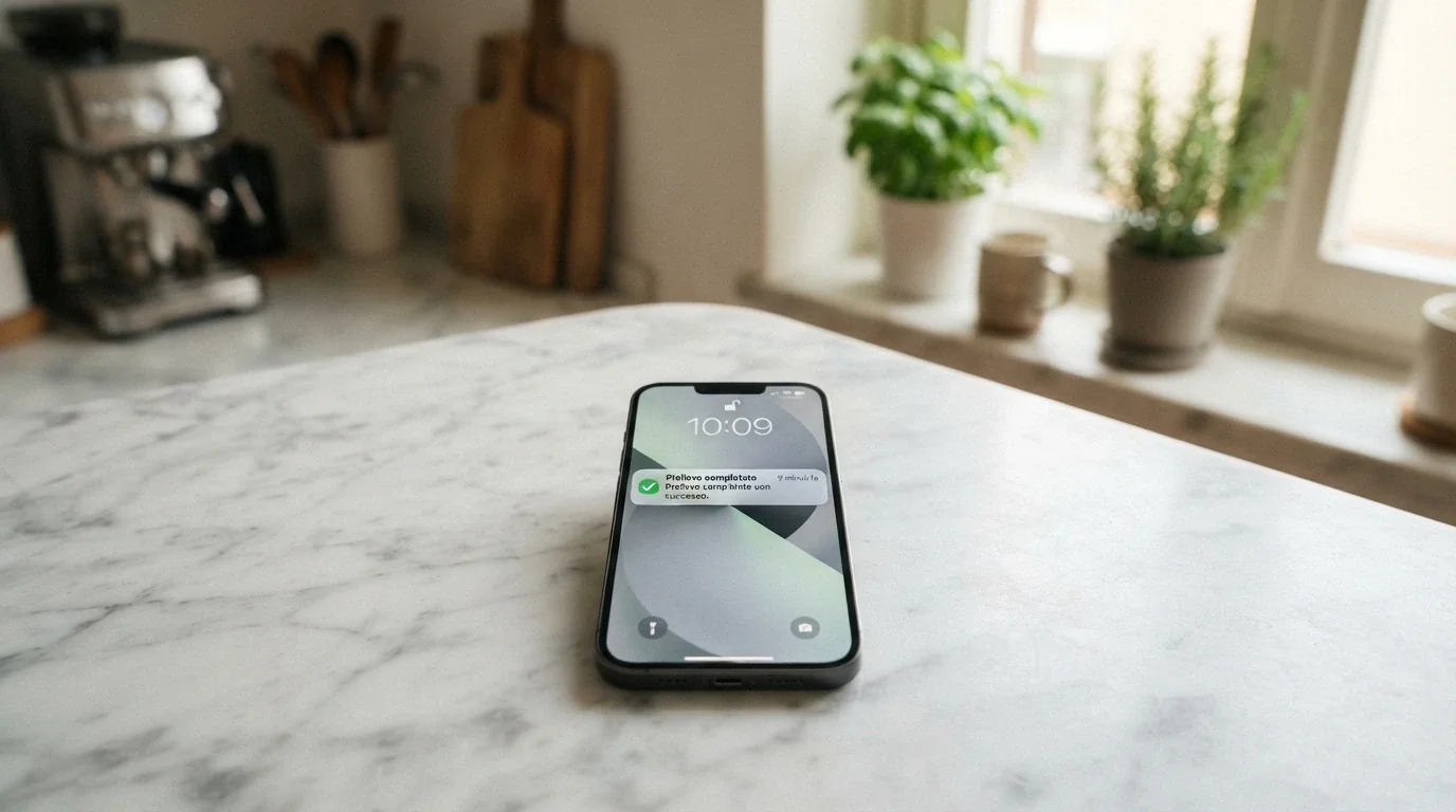 Uno smartphone che mostra la notifica di un prelievo Bitcoin completato, con il timestamp «9 minuti fa» ben visibile