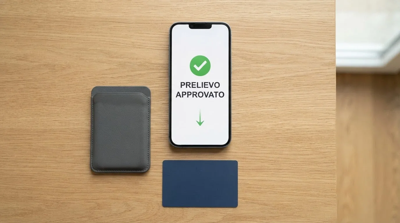 Un telefono con la schermata «Prelievo approvato» e una freccia verde verso il basso che punta a un portafoglio digitale e a una carta di credito