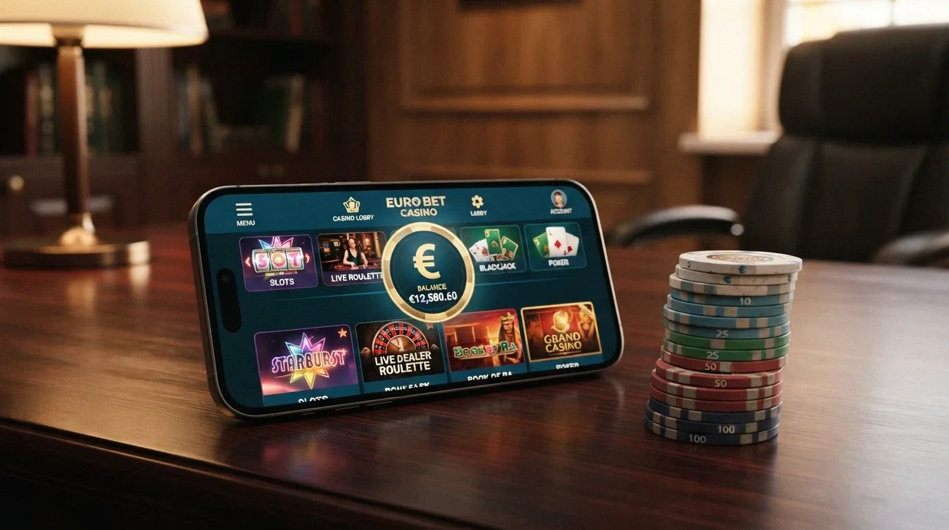 Un primo piano di fiches impilate accanto a uno smartphone che mostra l'interfaccia di un casinò online