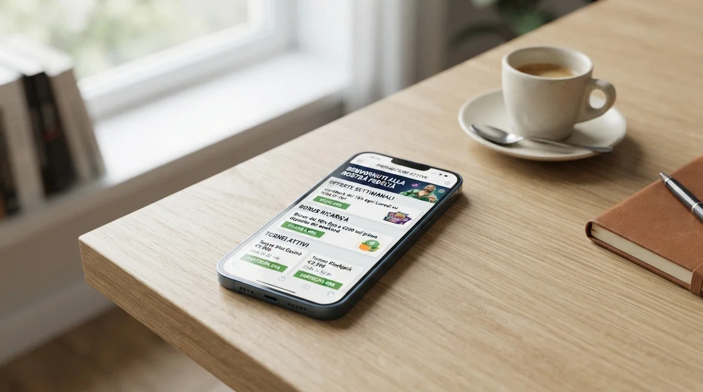 Interfaccia della sezione promozioni settimanali di un casinò online italiano con offerte cashback, bonus ricarica e tornei attivi