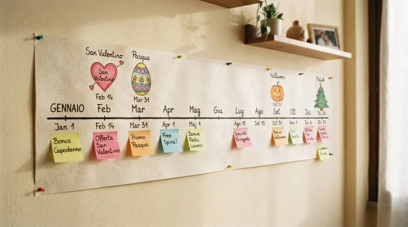 Calendario annuale con icone delle principali festività e una selezione di offerte promozionali a tema di un casinò online