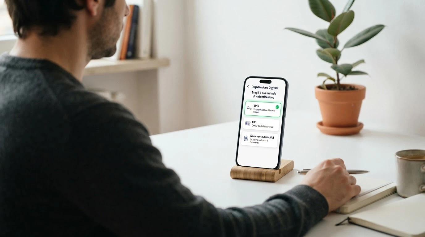 Una schermata di registrazione con tre opzioni: SPID, CIE e documento d'identità, con un segno di spunta verde accanto a SPID