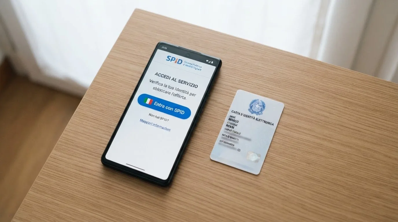 Uno schermo di registrazione con il pulsante «Entra con SPID» in evidenza e una carta d'identità appoggiata accanto al telefono