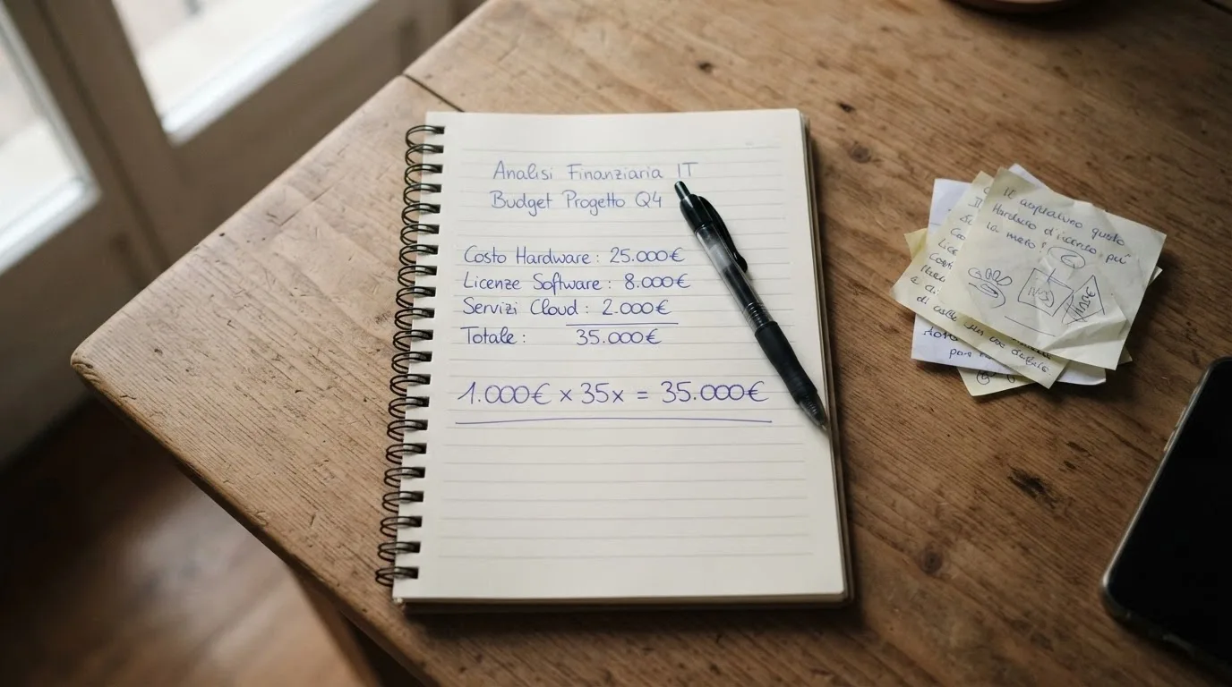 Una calcolatrice inquadrata dall'alto con un foglietto accanto che riporta la formula «1.000€ × 35x = 35.000€» e una penna.
