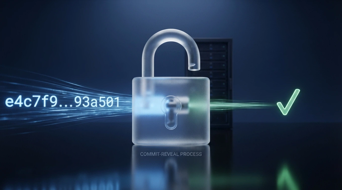 Schema visivo del processo commit-reveal: un server genera un seed, ne pubblica l'hash SHA-256, il giocatore piazza la puntata e il seed viene rivelato dopo la chiusura