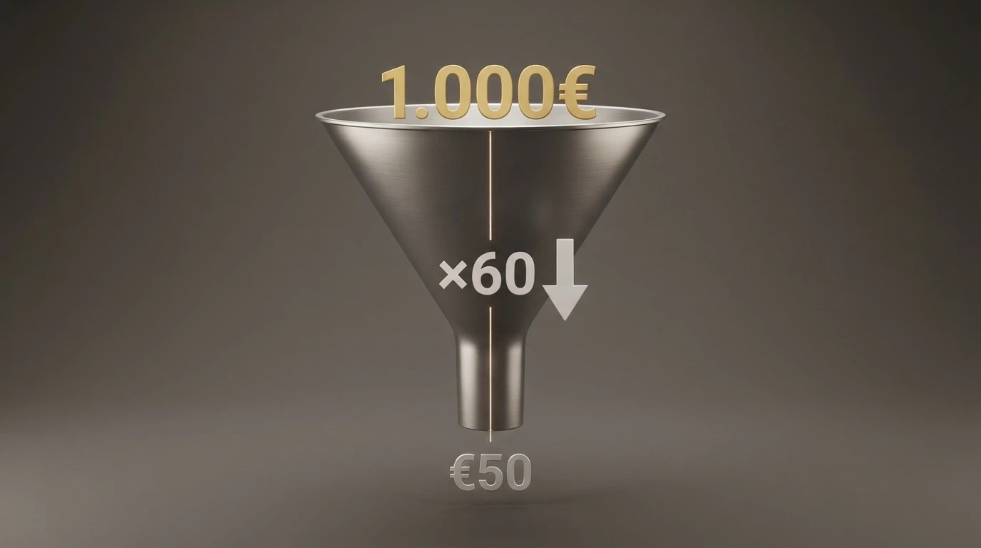 Una rappresentazione grafica a imbuto: in cima l'importo del bonus (1.000€), al centro il moltiplicatore di wagering, in fondo l'importo netto stimato dopo il rollover