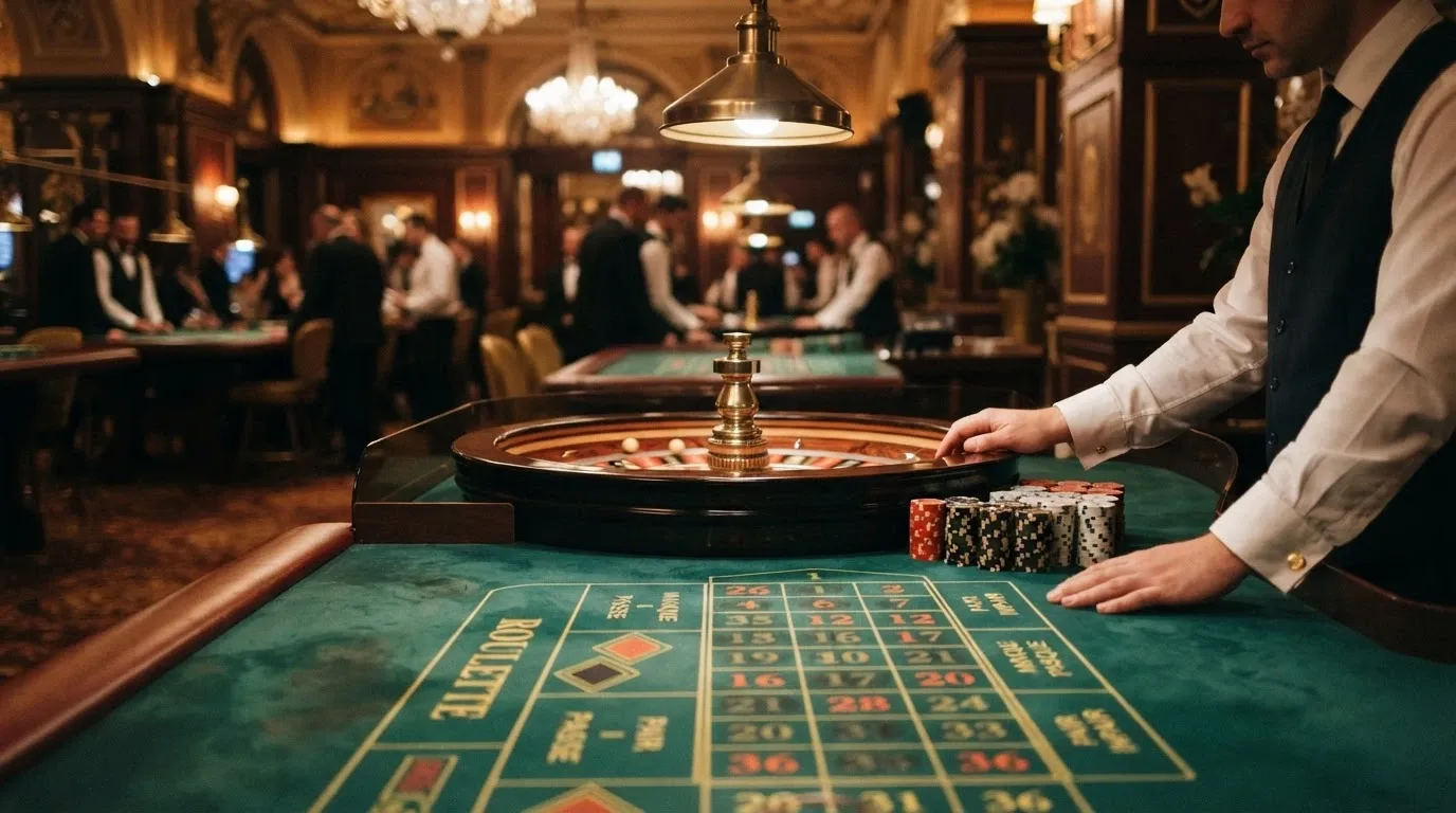 Un primo piano del tavolo di roulette live con croupier nella sala del Casinò di Sanremo, ripreso in streaming