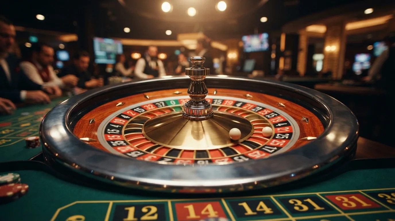 Primo piano della ruota della roulette in movimento in uno studio Evolution Gaming, con la pallina che rimbalza e il tabellone delle puntate in sovrimpressione