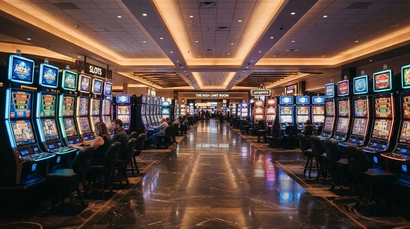 Una vista della sala slot del Casinò di Sanremo con apparecchi di ultima generazione illuminati