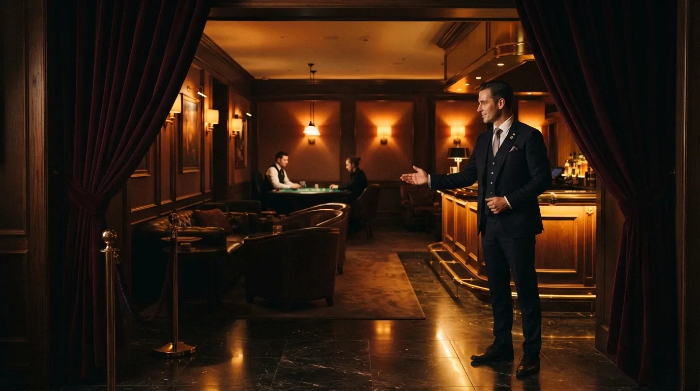 L'ingresso di una sala VIP riservata con poltrone in velluto, un tavolo da gioco privato e un account manager che accoglie il giocatore