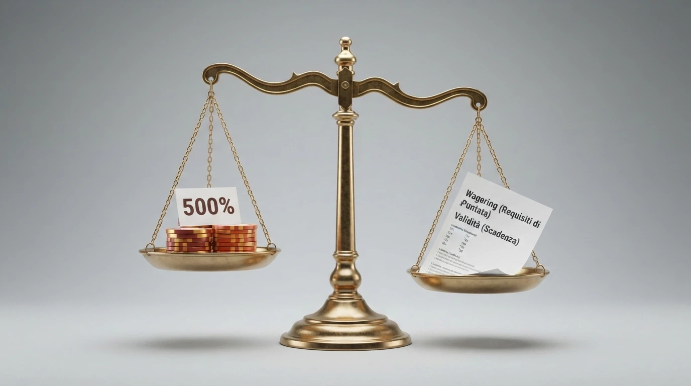 Una bilancia a due piatti: su uno la percentuale del bonus (500%), sull'altro le condizioni (wagering, validità) — il piatto delle condizioni pesa di più