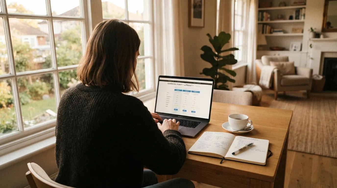 Una persona seduta a un tavolo con un laptop aperto su una pagina di comparazione, una tazza di caffè e un block notes con appunti, luce naturale da una finestra