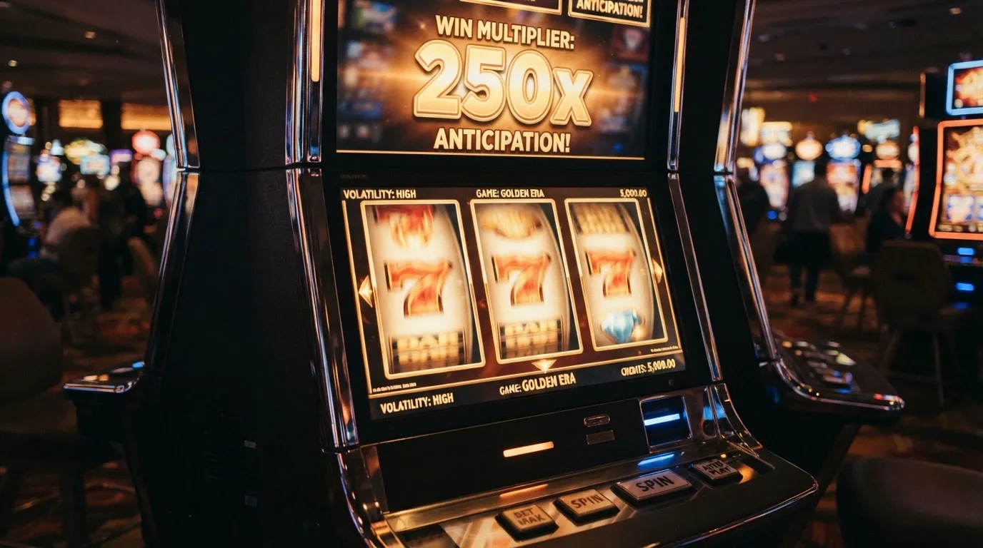 La schermata di una slot machine online con rulli in movimento, simboli dorati e l'indicatore della vincita massima in evidenza
