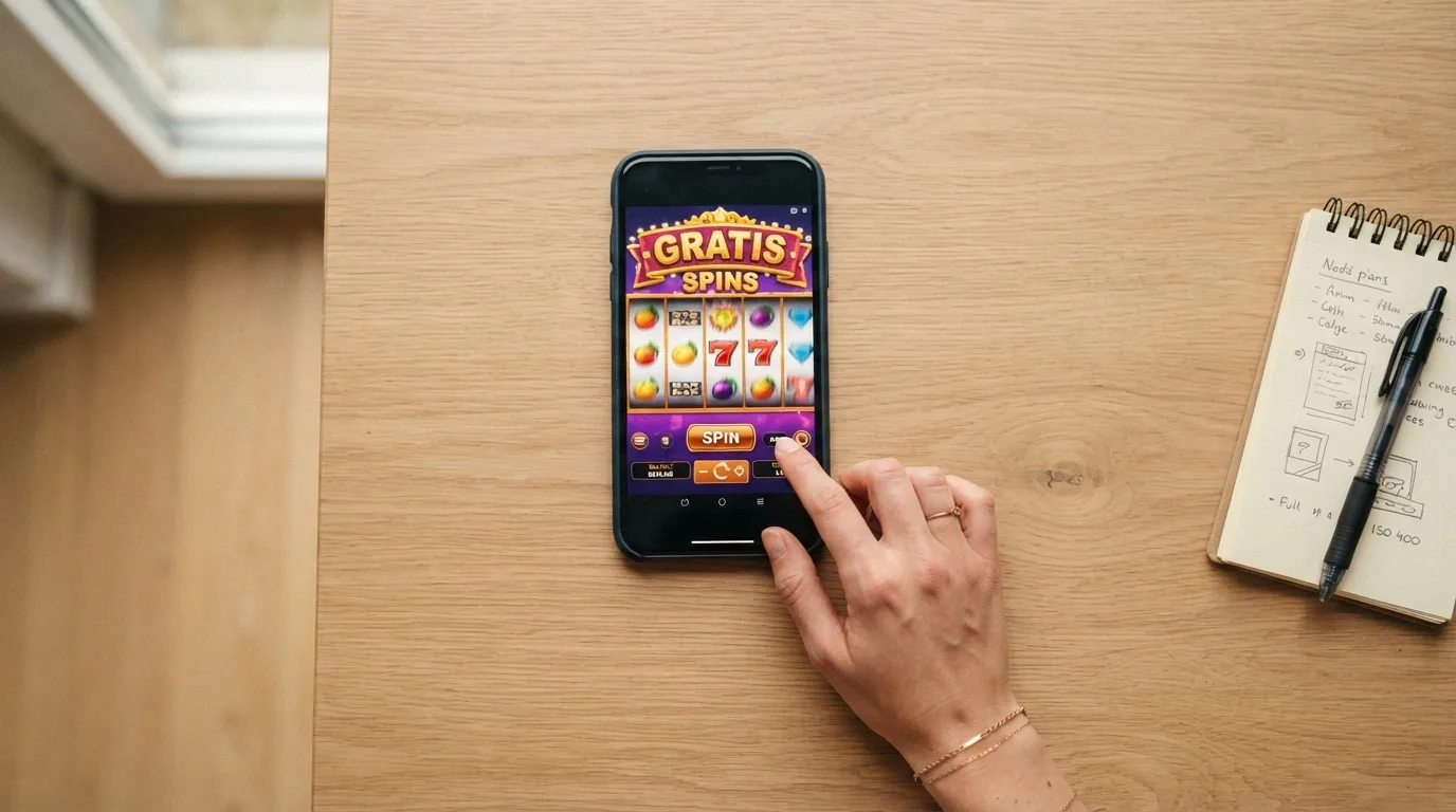 Mano che tocca lo schermo di uno smartphone con una slot BTG in modalità demo e scritta «Gratis» visibile