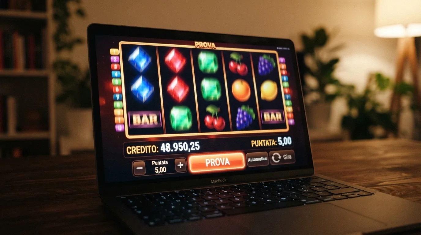 Schermata di una slot machine online gratuita in modalità prova con i rulli in movimento