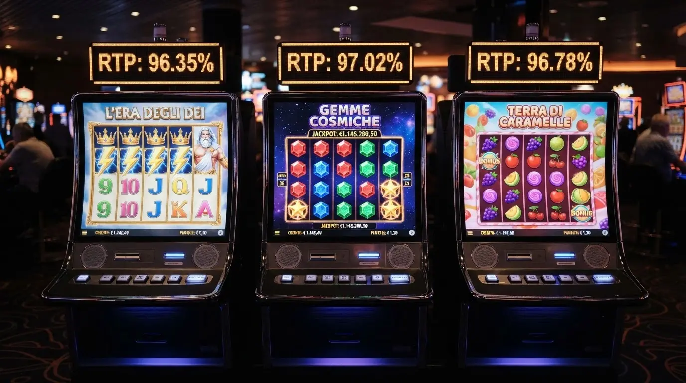 Tre slot machine digitali affiancate con i titoli Gates of Olympus, Starburst e Sweet Bonanza, con le percentuali RTP in evidenza sopra ciascuna