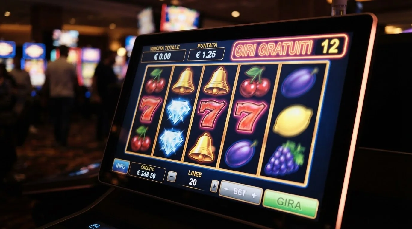 Una slot machine online con rulli in movimento e il contatore dei giri gratuiti in evidenza