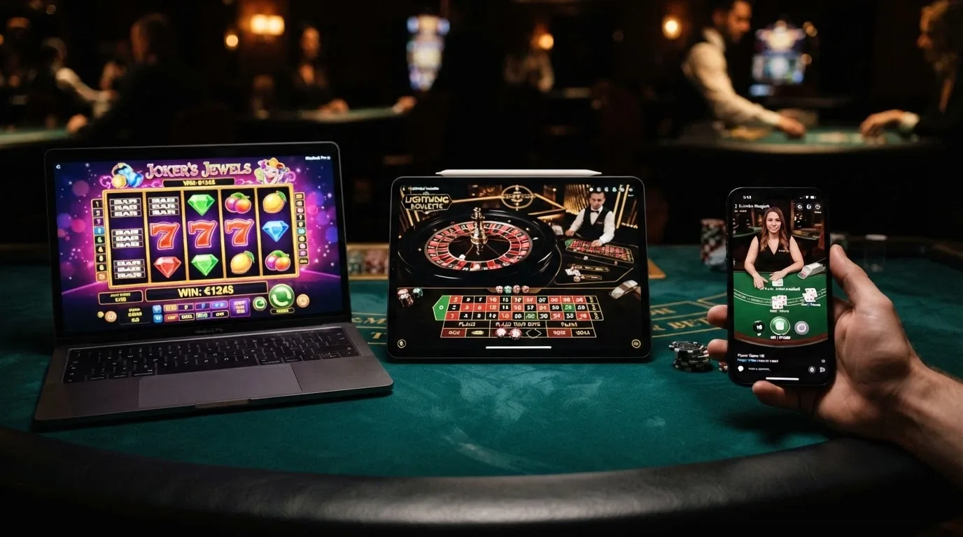 Una griglia di schermate di giochi: una slot machine, un tavolo da roulette, un'interfaccia live dealer, con loghi di provider noti ai margini