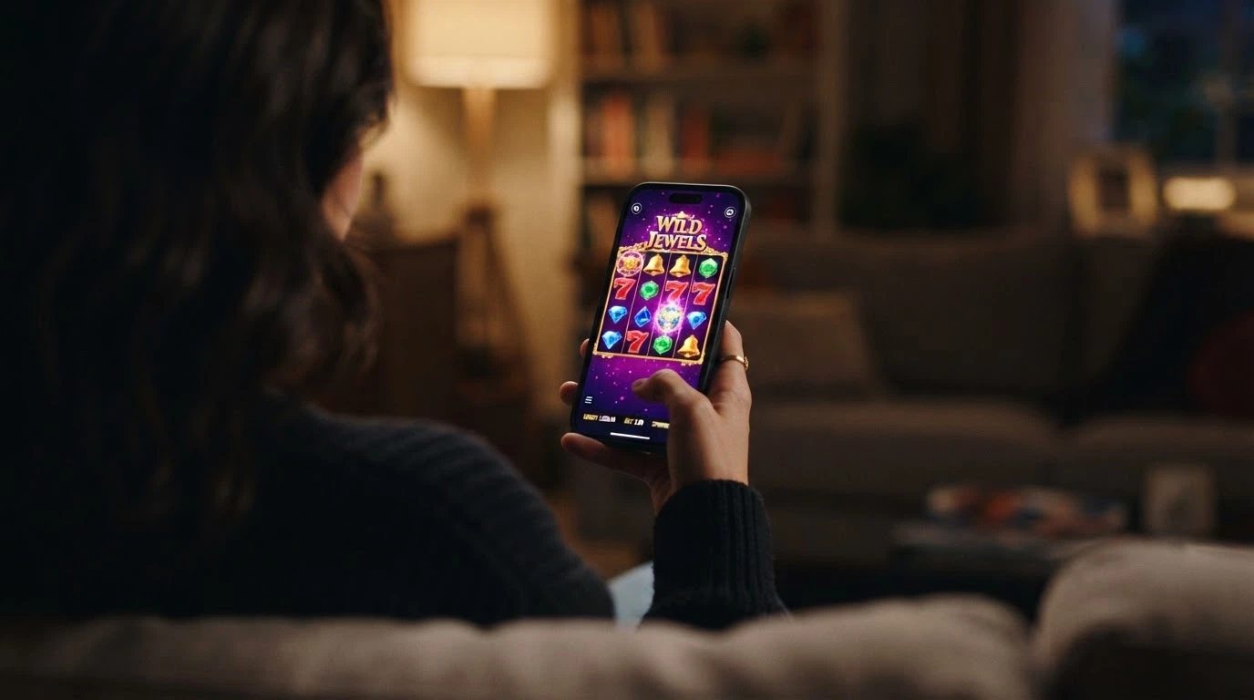 Schermata di una slot machine in esecuzione su smartphone Android in orientamento orizzontale con l'RTP in sovrimpressione