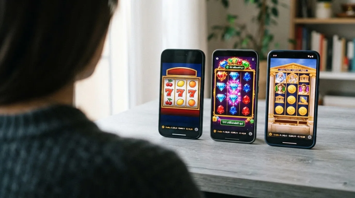 Tre schermate di slot machine diverse affiancate (una classica a rulli, una video slot moderna, una con tema mitologico), con l'indicazione «Giri utilizzabili qui» su una sola
