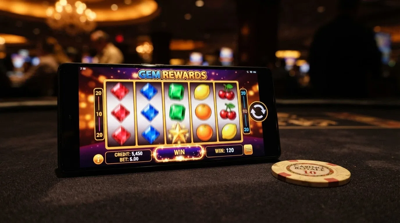 iPhone in orizzontale con una video slot colorata in esecuzione e i rulli in movimento