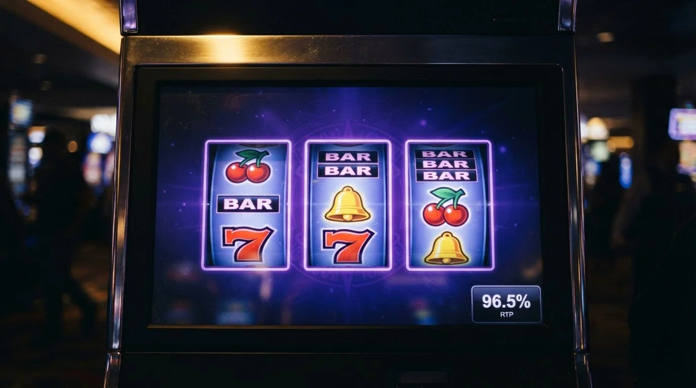 Una slot machine digitale con il pannello dell'RTP in evidenza, circondata da simboli colorati in stile arcade