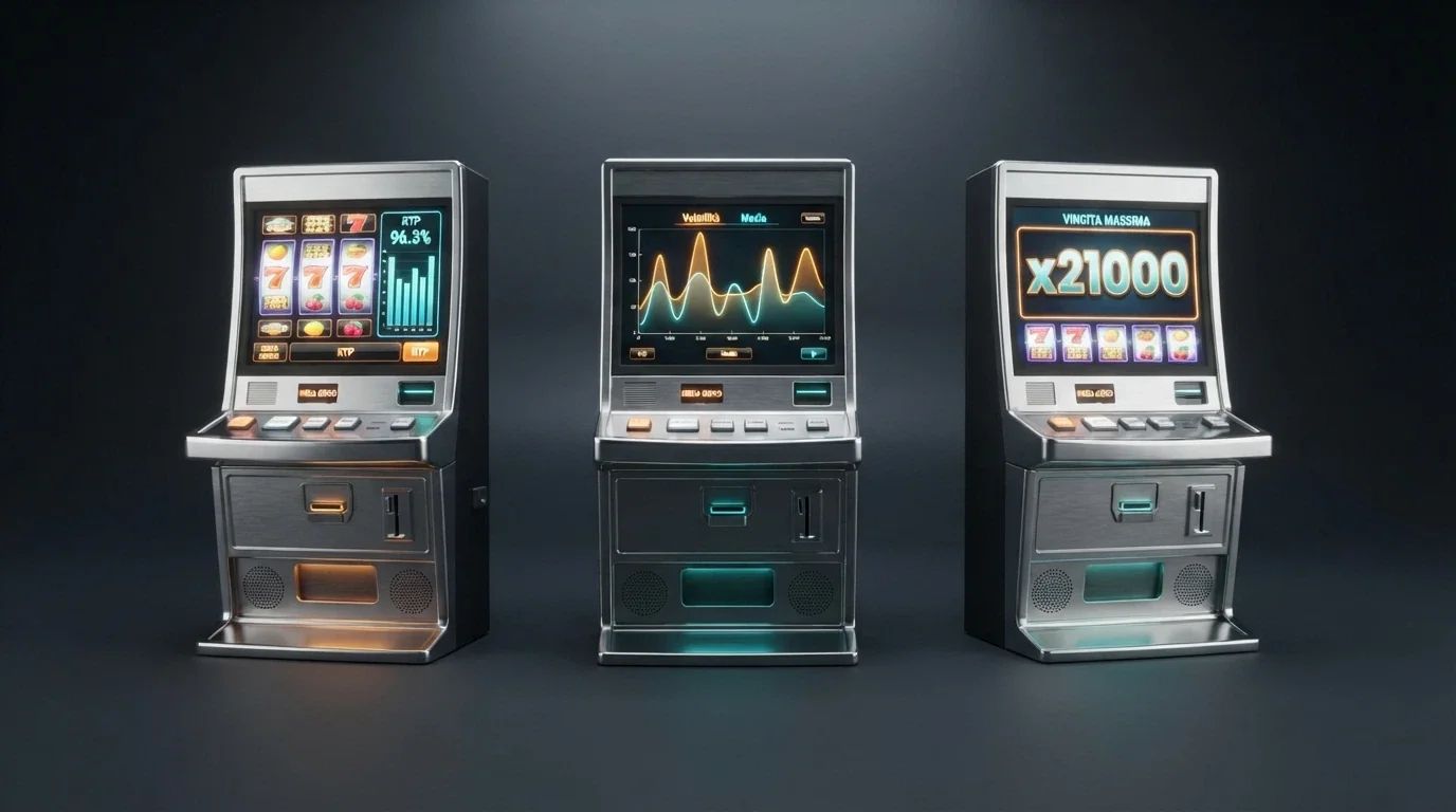 Tre slot machine affiancate in stile illustrativo, ciascuna con un indicatore: una barra RTP, un grafico di volatilità e un moltiplicatore di vincita massima