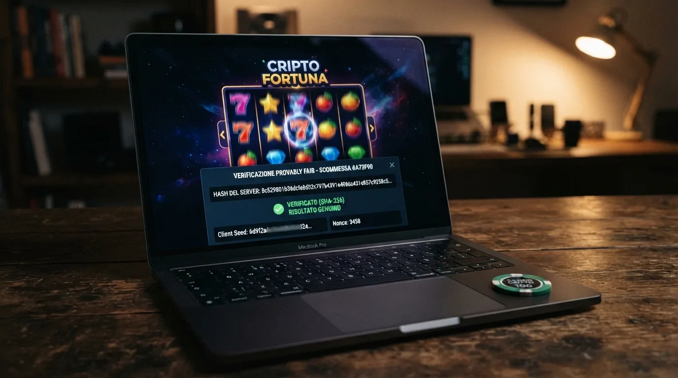 La schermata di un gioco provably fair con il pannello di verifica crittografica aperto, che mostra l'hash del seed