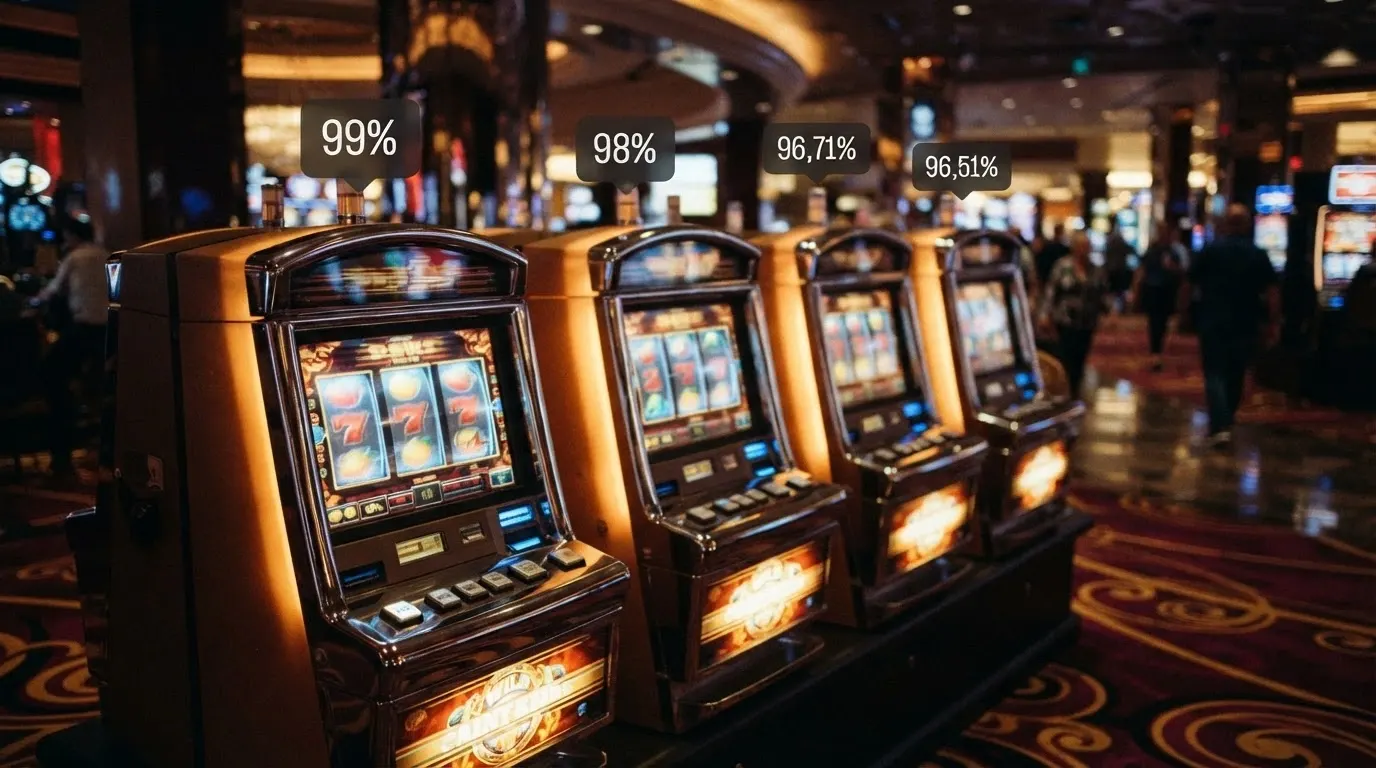 Una griglia di quattro slot machine con il rispettivo valore RTP in evidenza: 99%, 98%, 96,71% e 96,51% sotto i titoli dei giochi
