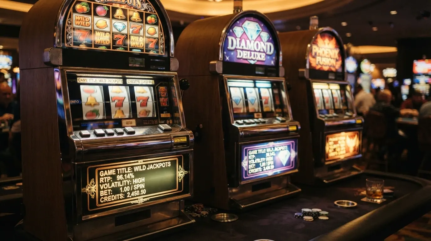Tre slot machine affiancate con il pannello informativo che mostra RTP, volatilità e puntata minima — la prima è in primo piano